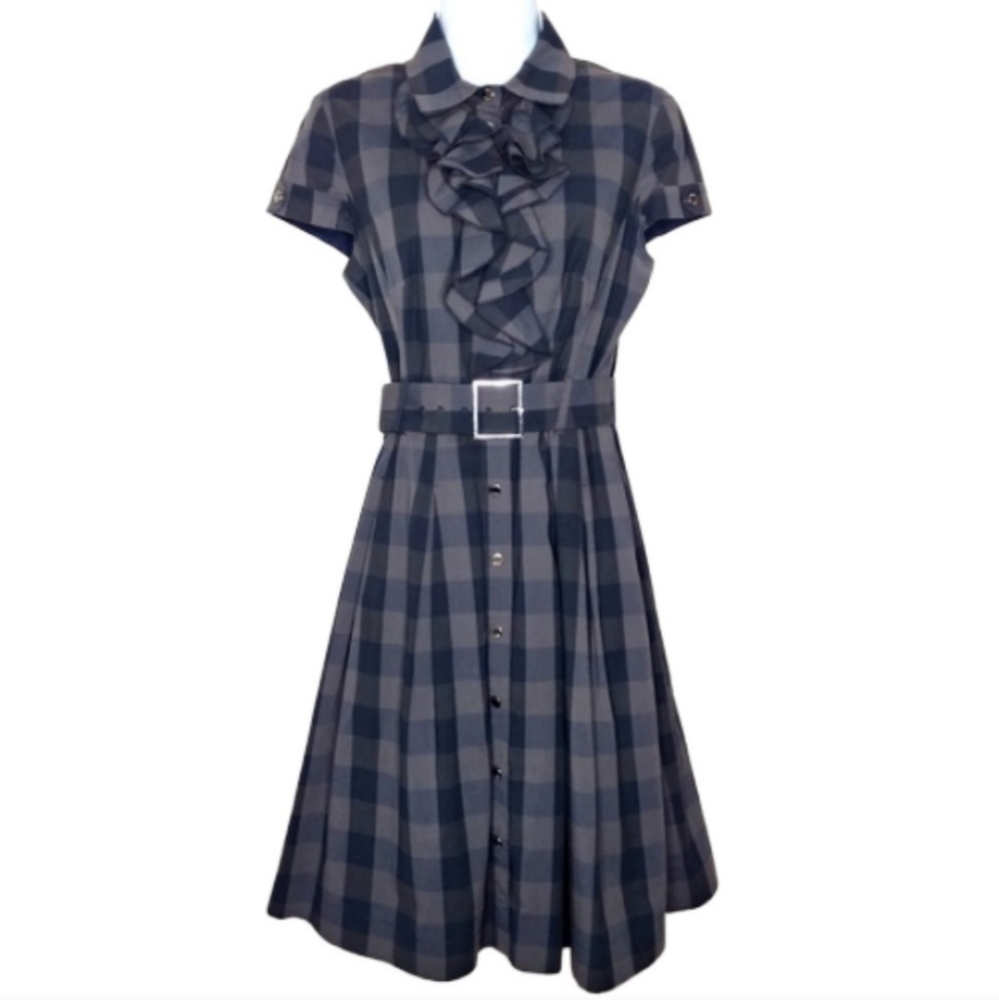 Karen Millen Designer Plaid Ruffle Shirt Dress
